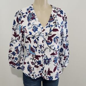 Liz Claiborne Floral Blouse - White and Blue V Neck Buttons Saze M